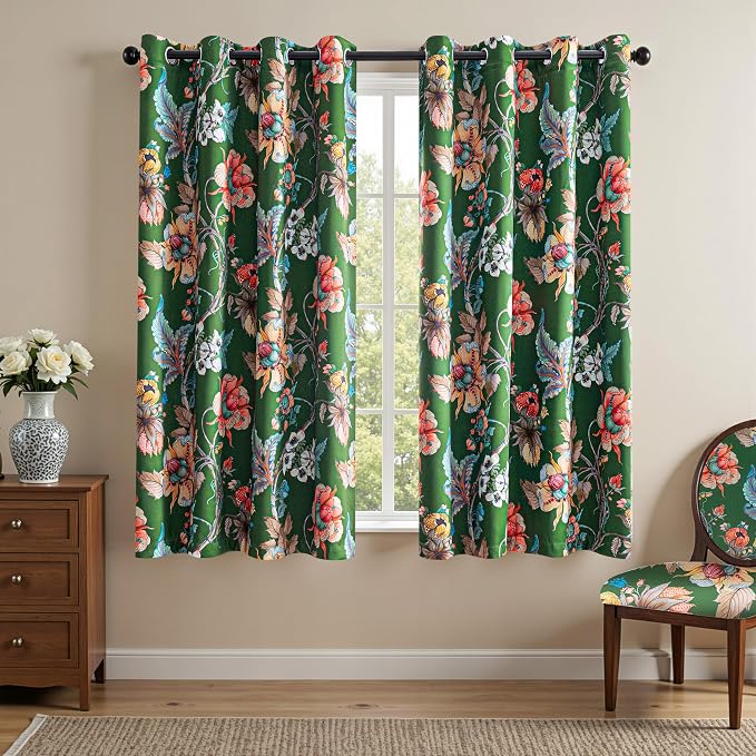 MYSKY HOME Green Floral Blackout Curtains 45 Inch Length 2 Panels Set Bedroom 95% Black Out Thermal Insulated Room Darkening Curtain Printed Flower Vintage Style Grommet Window Panels, Pack-2