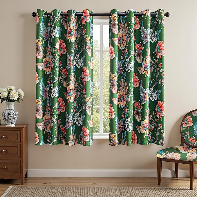 MYSKY HOME Floral 95% Blackout Curtains 54 Inches Long for Small Window Thermal Insulated Light Blocking Drapes Grommet Country Coquette Window Panels, 2 Pcs, 52" Wide, Green