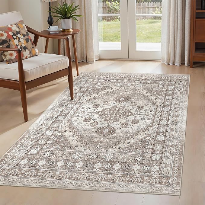 befbee 4x6 Rugs for Living Room Bedroom,Non-Slip Washable Rug,Stain Resistant Lightweight Area Rugs for Dining Room,Ultra-Thin Indoor Floor Carpet (Brown/Beige, 4'x6')