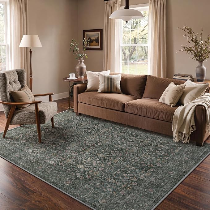 Bavni 2x7 Rug Runners for Hallways, Washable Runner Rug Non Slip,Vintage Floral Print Style Rugs for Bedroom-Lightweight Low Pile Carpet for Hallways Bathroom, Dark Green