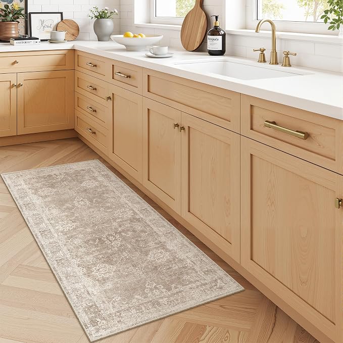 Madane 2x4 Washable Rugs for Entryway, Low Pile Non-Slip Small Area Rug Kitchen Door Mat, Vintage Soft Throw Neutral Rug Floor Mat for Indoor Front Entrance Bathroom Hallway (2 x 4, Brown/Sand)