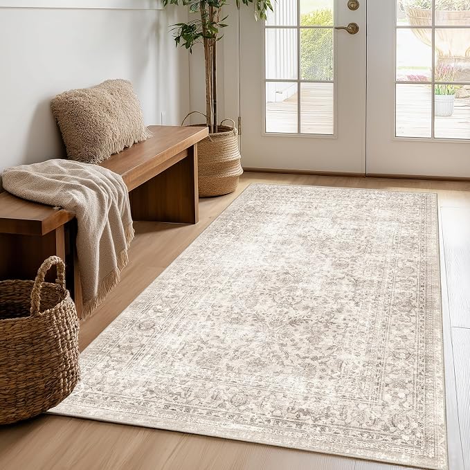 FMFUNCTEX 4x6 Washable Area Rug Neutral Vintage Beige Non Slip Low Pile Traditional Indoor Carpet for Living Room Bedroom Soft Retro Floral Mat Throw Rug for Dining Office Kitchen Dorm Entryway