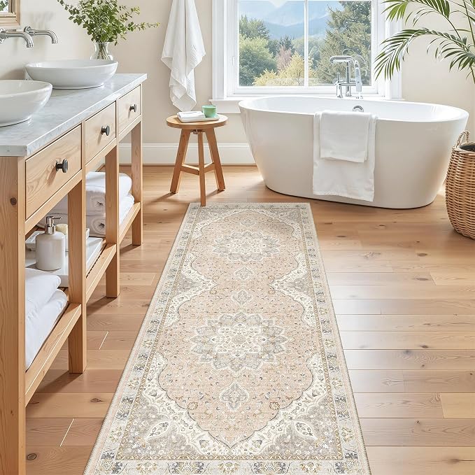 Madane Hallway Runner Rug 2x5 Washable Entry Rugs Non-Slip, Pink/Gray | Vintage Printed Low-Pile Kitchen Runners, Soft Low-Pile Stain-Resistant Throw Carpet for Bedroom Entrance Laundry Room 2'x5'