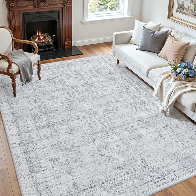 5x7 Area Rugs for Living Room: Vintage Boho Neutral Washable Rug Indoor Soft Large Area Rug Carpet for Bedroom Nursery Farmhouse Dining Room Office Floor Non-Slip Low Pile Under Table Rug Gray