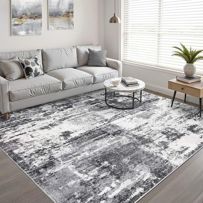 7x9 Area Rug Living Room: Washable Large Neutral Rug Abstract Soft Modern Stain Resistant Indoor Floor Non-Slip Carpet for Bedroom Nursery Kids Office Playroom Dining Room Under Table- Black White