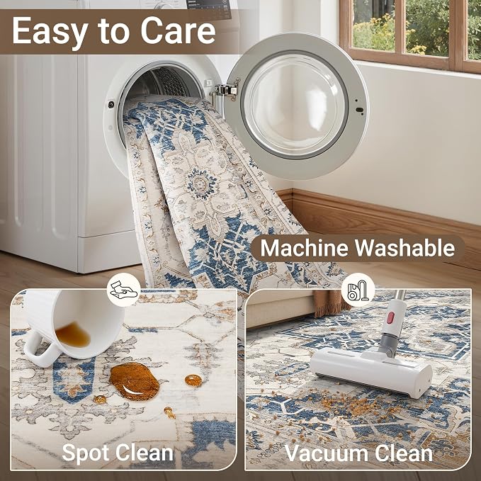 befbee 5x7 Area Rug for Living Rooms, Stain Resistant Neutral Washable Rugs for Dining Rooms, Floral Vintage Non-Slip Thin Large Size Area Rugs(Blue)