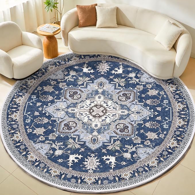 OPPODREAM Soft Round Rug 8ft, Play Room Rug, Washable Circle Rug 8ft with Non Slip Backing, Small Low-Pile Area Rugs 8 ft, Faux Cashmere Throw Carpet, Navy Blue & Golden