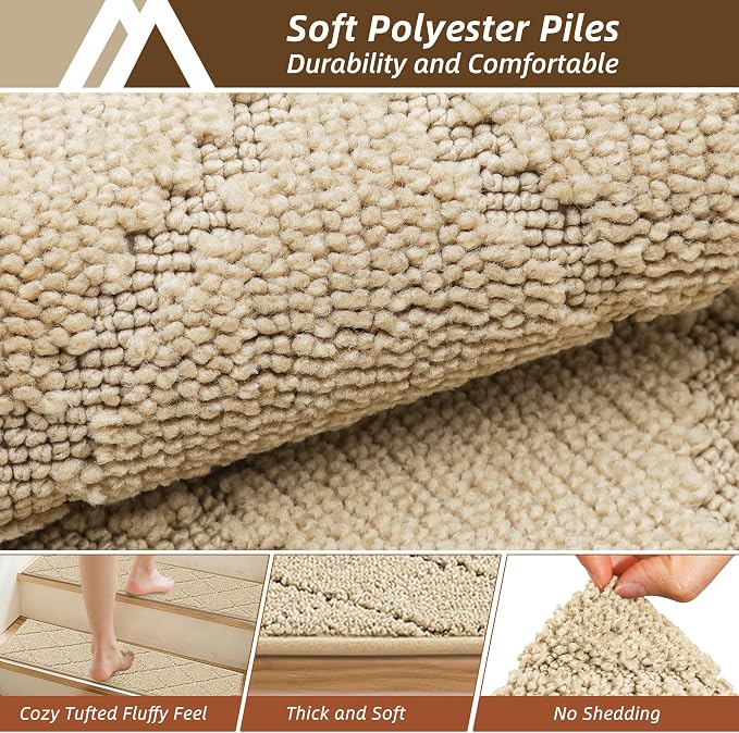 COSY HOMEER Stair Treads for Wooden Steps 9"x28",Washable Non Slip Carpet Stair Treads with Reusable Residue Free Backing Soft Peel and Stick Stair Runner Rugs for Kids Elders Pets,Warm Beige,4pcs