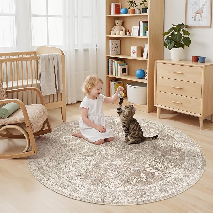Madane Washable Round Rug 5ft for Living Room, Soft Ultra-Thin Non-Slip Vintage Floral Circle Area Rug, 5x5 Round Throw Carpet for Entryway Nursery Bedroom Kitchen Dining Room (Brown/Sand, 5'Round)