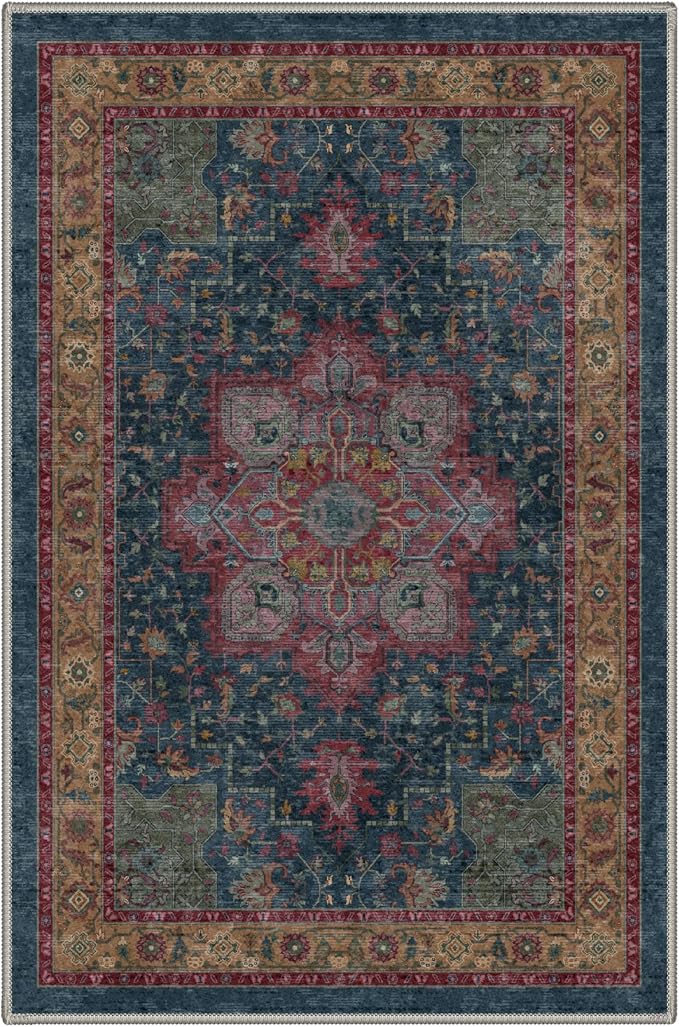 GENIMO Area Rug 2x3 Doormat, Machine Washable Low Pile Rugs, Small Retro Entryway Mat for Entrance, Hallway, Kitchen and Corridor, Teal Burgundy