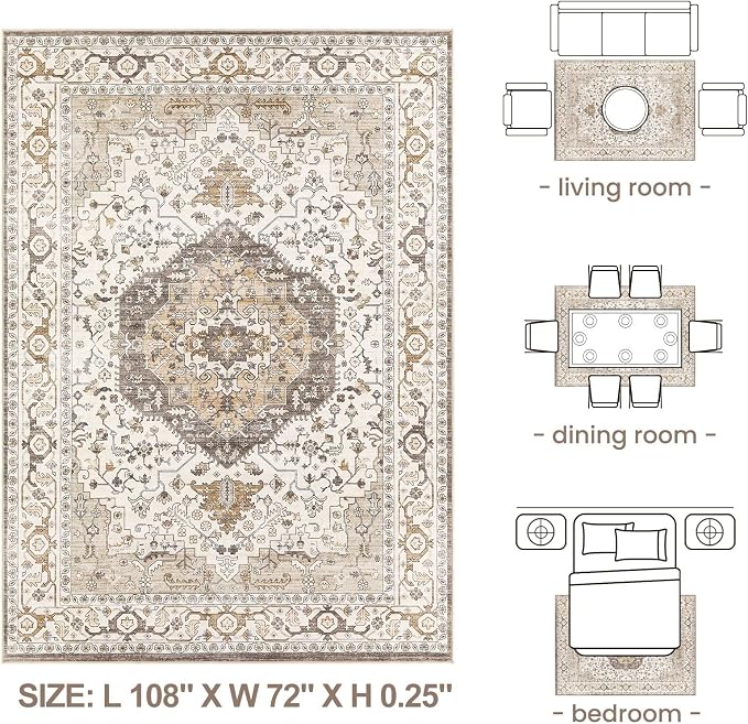 Area Rug for Living Room - 6x9 Soft Washable Oriental Vintage Floral Distressed Large Carpet - Fade Stain Resistant Non Slip Rugs for Bedroom Dining Room Nursery Dorm Office Home Decor-Camel/Beige