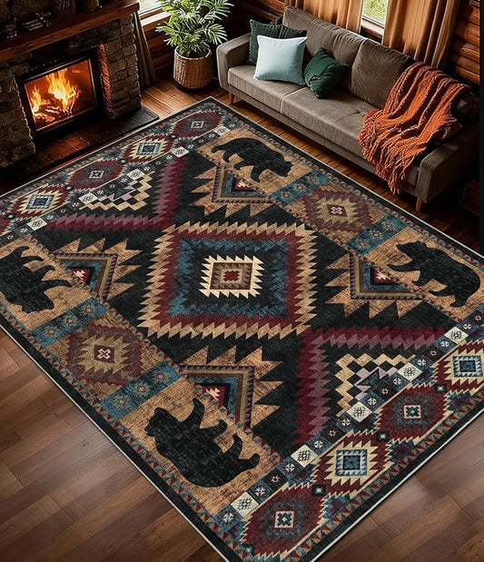 YIHOUSE Rustic Cabin Area Rug 9x12, Lodge Wildlife Bear Washable Large Area Rug, Southwestern Rustic Rugs for Living Room