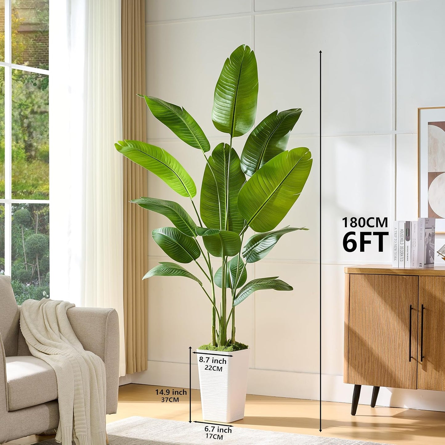 Fake Bird of Paradise Silk Artificial Plant Faux Banana Leaf Tree Lifelike Bird of Paradise for Home Decor Indoor Floor Plant with 10 Trunks (1, White Tall Planter, 6 FT)