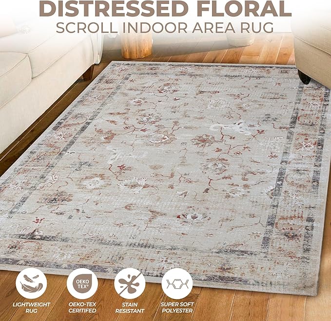Superior Floral Scroll Washable Runner Rug, Cotton Backing, Carpet for Dining Table Mud Room, Non-Slip Rug for Hallway, Entry, Kitchen, Low Pile Area Rug, Swan Collection, 2' 7" x 8', Cream