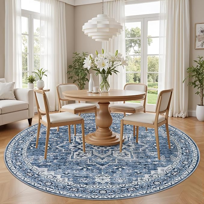 Round Area Rug for Living Room: 4 ft Washable Vintage Boho Soft Thin Circle Rug Indoor Floor No Slip Stain Resistant Carpet for Bedroom Dining Room Farmhouse Nursery Home Office - Blue