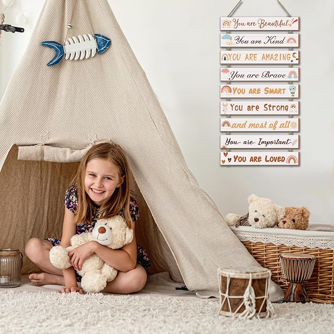 Boho Rainbow Room Decor - 9 Piece Set, Inspirational Wall Decor Hanging Plaques for Nursery & Princess Bedroom