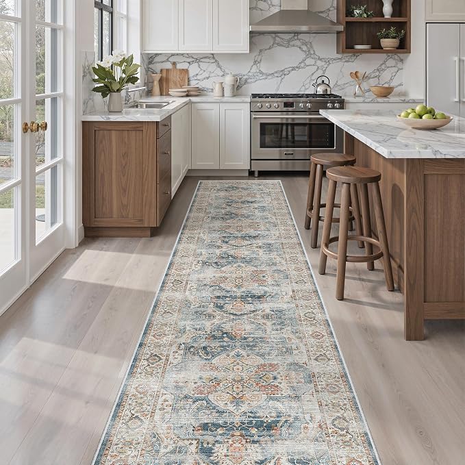 Madane Washable Runner Rugs 2x10 Long for Hallway Kitchen, Navy | Non-Slip Low-Pile 10ft Rug Runners Soft, Stain-Resistant Floor Carpet Mat for Entrance, Living Dining Laundry Room, Stair