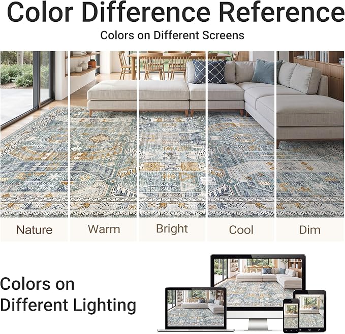 befbee 5x7 Area Rugs for Living Room,Stain Resistant Washable Rug,Non-Slip Backing Carpets for Bedroom,Kitchen,Printed Vintage Home Decor Rug (Blue/Gold, 5'x7')
