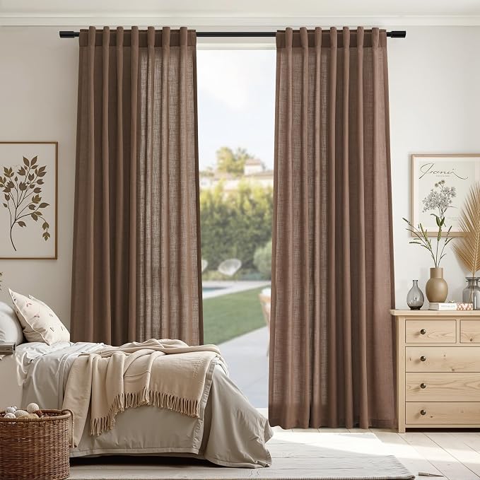 Linen Floor to Ceiling Curtains 120 Inches 2 Panels Set Back Tab Flax Privacy Drapes for Living Room Neutral Farmhouse Light Filtering Semi Sheer for Large Window Treatments 52x120 Caramel Brown
