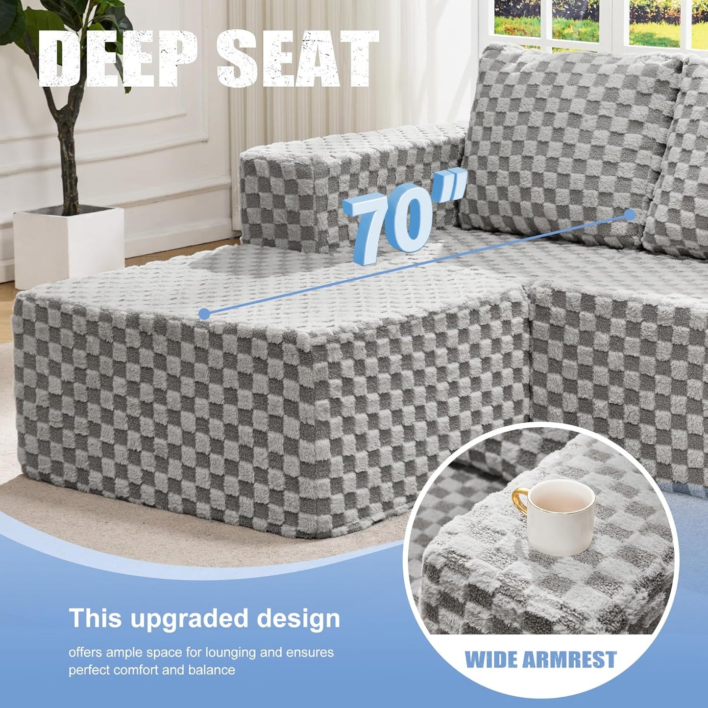 Hobestluk Modular Sectional Sofa Memory Foam Couch Oversized Sectional Sofa 3-Seater with Chaises Cloud Couch with Removable Cover U Shaped Sofa for Living Room (Plush Grey, U Shape)