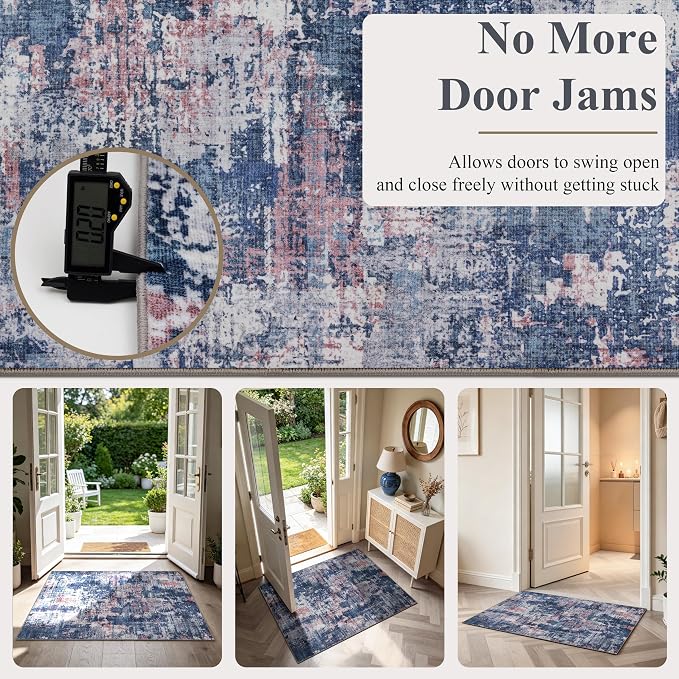 Sasttie 2x3 Area Rug for Entryway, Washable Modern Abstract Small Carpet for Living Room Bedroom Door-mat, Soft Entry Rug with Non-Slip Backing, Pink and Blue