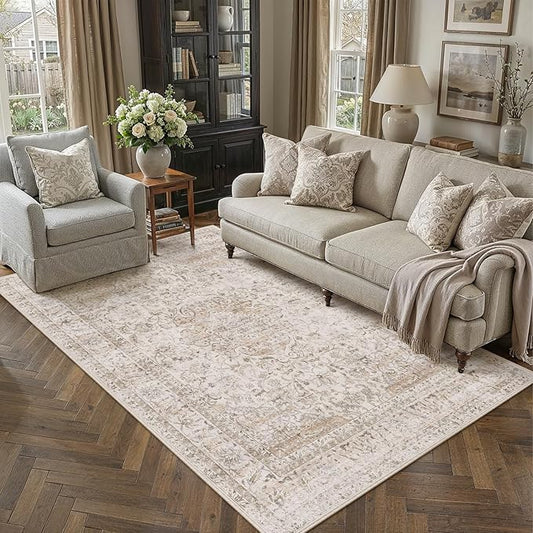 5x7 Washable Area Rug Beige Vintage Non Slip Soft Low Pile Rug for Living Room Bedroom Dining Room Office Distressed Oriental Indoor Throw Carpet for Home Decor