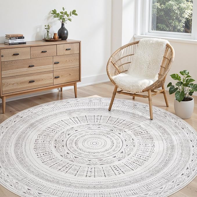 cotiled 6x6 Round Area Rugs Living Room Rug: Washable Boho Rugs with Non Slip Backing Large Soft Indoor Stain Resistant Carpet for Bedroom Farmhouse Dining Room Lightweight Home Decor Dark Grey