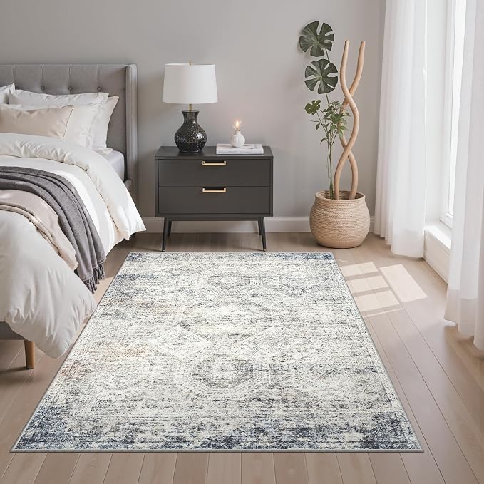 Soalmost 3x5 Rug, Small Area Rug for Kitchen, Entryway, Machine Washable Non-Slip Throw Rug, Vintage Carpet for Nursery Coffee Table Blue Ivory