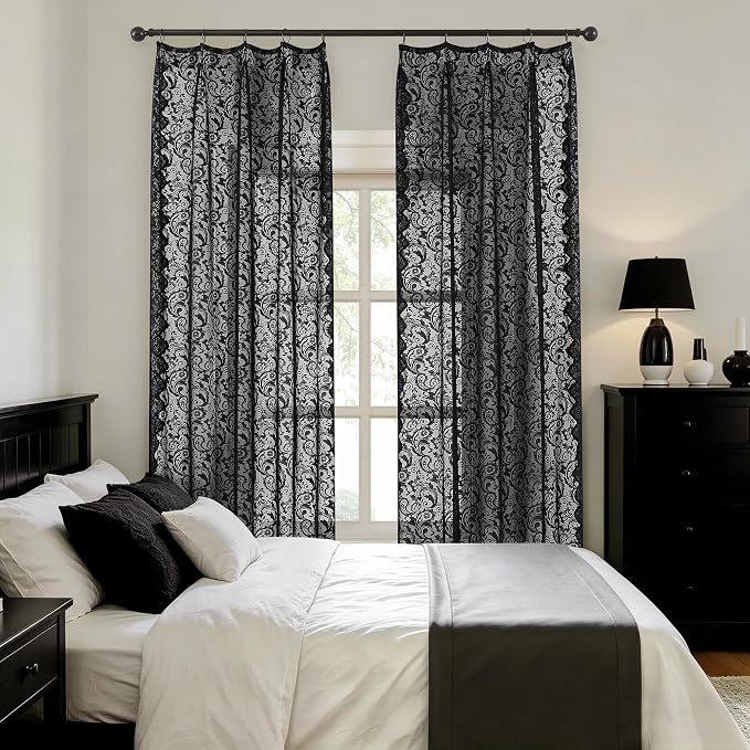 Bujasso Black Lace Pinch Pleat Curtains 84 inch,Gothic Vintage Floral Sheer Drapes with Hooks & Rings, Baroque Damask Scalloped Edge Light Filtering Window Panels for Bedroom Living Room, 40"Wx84"Lx2