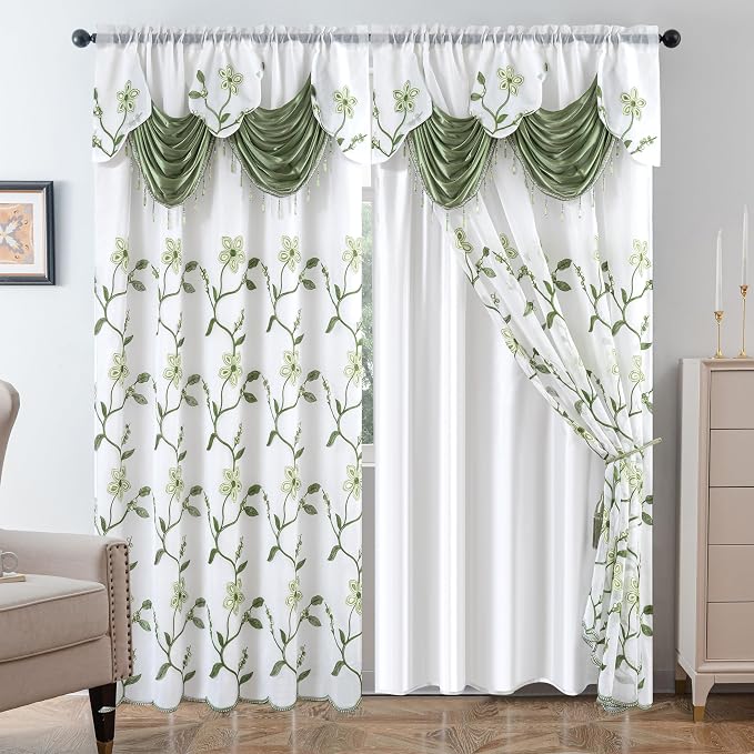 Petrichor Embroidered Sheer Curtain 2 Panels Set - Luxury Window Curtain Attached Valance with Satin Backing and 2 Tie Backs for Living Room,Dining Room, 54x63 inches, Sage Green