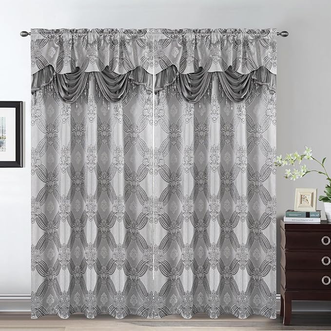 Petrichor Elegant Curtains with Gold Silver Threads 2 Panels Set - Luxury Window Treatment Attached Valance, Sheer Backing, and 2 Tie Backs for Bedroom and Living Room, 54x84 inches, Silver