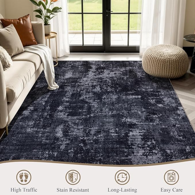 Sasttie 6x9 Soft Area Rug for Living Room, Modern Abstract Washable Carpet for Bedroom, with Non-Slip Backing, Black and Grey