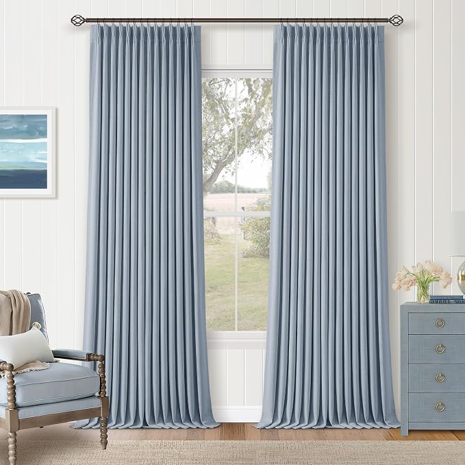Blue Pinch Pleated Blackout Bedroom Curtains 108 Inches Long for Kids Baby 100% Black Out Thick Linen Dual Layer Pleated Drapes Coastal Light Dusty Blue 108 Inch Curtain for Dining Living Room
