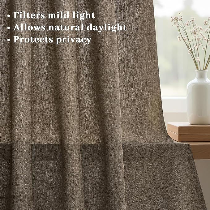 Pinch Pleated Curtains 90 Inches Long 1 Panels Set,Dark Flax Semi Sheer Cotton Blend Fabric Aesthetic Advanced Curtain Drapes for Living Room Bedroom,72x90 inch Length