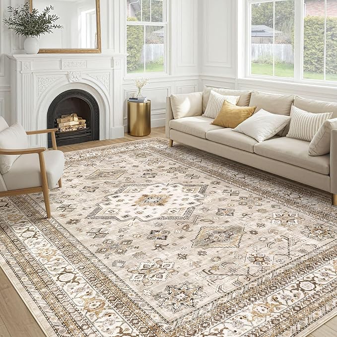 Vintage Living Room Area Rug 7x10 - Large Soft Washable Oriental Traditional Distressed Farmhouse Rugs for Bedroom - Indoor Floor Accent Carpet for Home Office House Decor - Beige