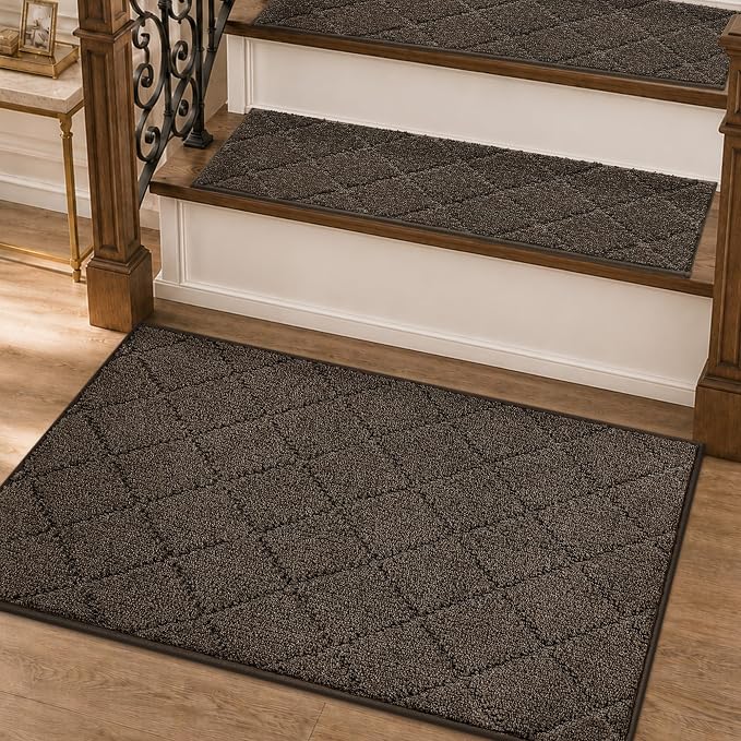 COSY HOMEER Edging Stair Treads Non-Slip Corner Indoor Stair Runners for Wooden Steps,Landing Slip Resistant Stair Rugs for Kids and Dogs, 100% Polyester TPE Backing,Brown,20"X32"