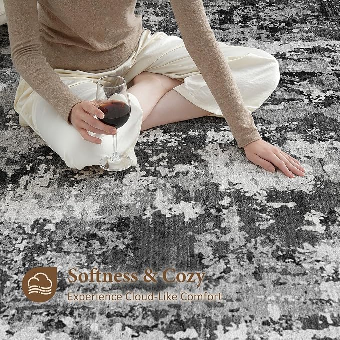 8x10 Area Rug Living Room Rugs: Washable Large Soft Abstract Modern Neutral Rug Stain Resistant & Non-Slip Low-Pile Carpet for Bedroom Dining Nursery Home Office Room Decor - Black