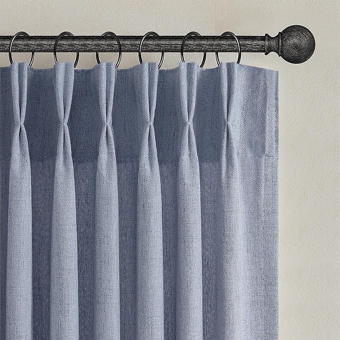 Pinch Pleated Linen Greyish Blue Sheer Curtains 84 Inches Long for Bedroom