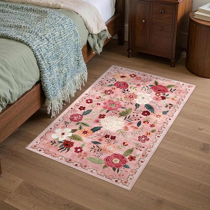 Washable Small Rug 16''x24'' Non Slip Area Rug, Low Pile Wear-Resistant Door Mat Bathroom Mat Pet Food Mat Indoor for Entryway Kitchen Vanity Sink Hallway Bedside Home Decor Carpet Dark Pink