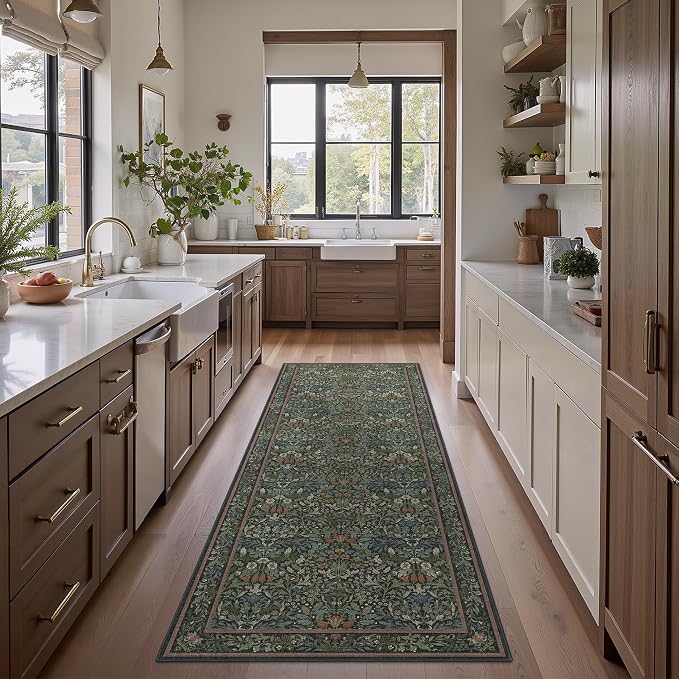GENIMO 2.5x8 Washable Hallway Runner Rug, Non Slip, Dark Green | Vintage Boho Floral Low Pile Thin Mat for Entryway, Kitchen, Bedroom, Indoor Decor