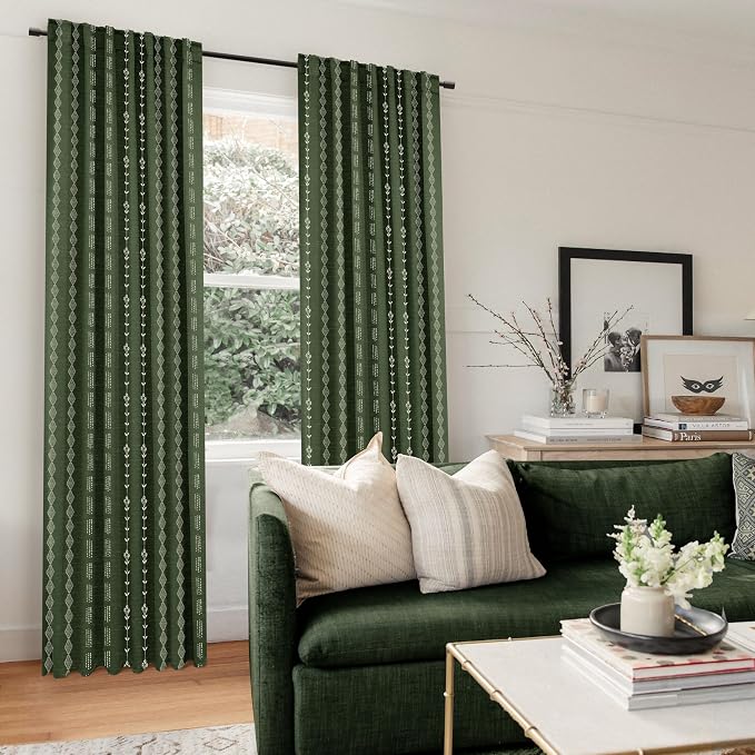 Lino Rosa Olive Green Black Out Curtains 63 Inch Long, Boho Room Darkening Curtains for Bedroom, Cozy Sanctuary Blackout Light Blocking Curtain Drapes, 50" W x 63" Length