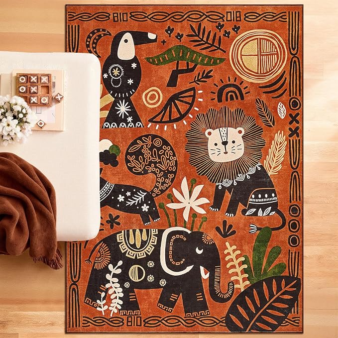 jinchan 5x7 Cute Area Rug Kids Washable Fun Rug Terracotta Boho Jungle Indoor Floor Cover Non Slip Safari Lightweight Soft Cozy Carpet for Nursery Playroom Daycare Bedroom Living Room