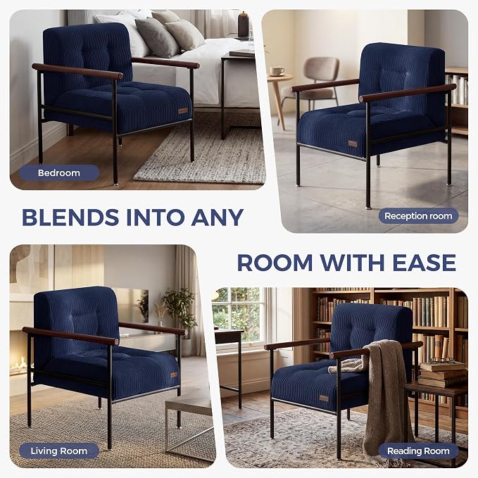 MAXYOYO Living Room Accent Chair, Modern Chair with Metal Frame | Upholstered Reading Chair Modern Living Room Chair with Support Cushion for Bedroom Balcony Porch, Navy