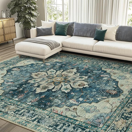 RELEANY Area Rugs 8'x10' Washable Non-Slip, Floral Vintage Distress Medallion Carpet for Living Room Bedroom Dining Room, Dark Blue Vintage