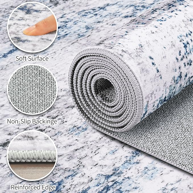 Area Rug Living Room Rugs: 9x12 Large Soft Indoor Carpet Modern Abstract Rug with Non Slip Rubber Backing for Under Dining Table Nursery Home Office Bedroom White Gray Blue