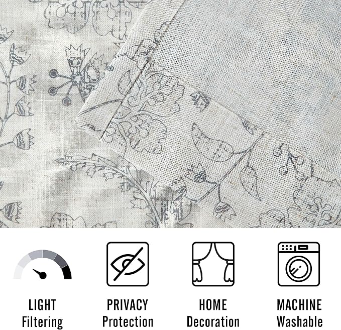Vision Home Floral Linen Curtains 84 inch Long Rod Pocket Back Tab Farmhouse Light Filtering Botanical Print Window Curtains for Living Room Bedroom Semi Sheer Drapes Gray on Beige 2 Panels,54"Wx84"L