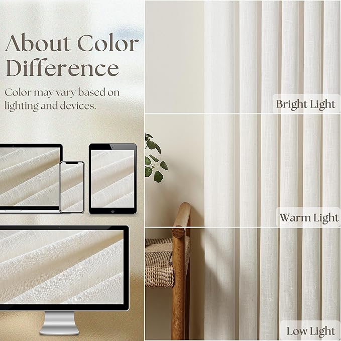 90 Inch Pinch Pleated Linen Curtains 2 Panel Set for Living Room Cream Natural Thick Linen Textured Drapes 90 Inches Long Pinch Pleat Drapes Birch Ivory Semi Sheer Curtain for Dining Bedroom Office