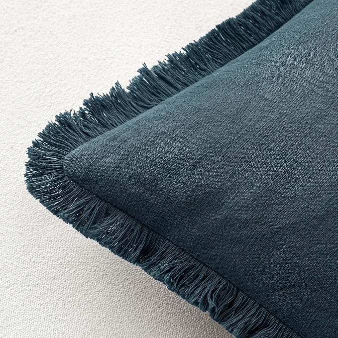 MIULEE Decorative Lumbar Throw Pillow Covers Neutral Linen Fringe Throw Pillows Set of 2 Navy Blue Boho Farmhouse Cushion Covers for Couch Sofa Bed Living Room Spring Home Decor 12x20 Inch