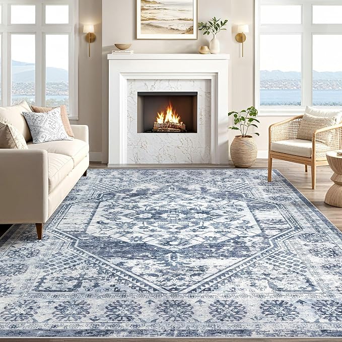 Vintage Living Room Area Rug 6x9 - Large Soft Washable Oriental Traditional Distressed Farmhouse Rugs for Bedroom - Indoor Floor Accent Carpet for Home Office House Decor - Distressed Blue