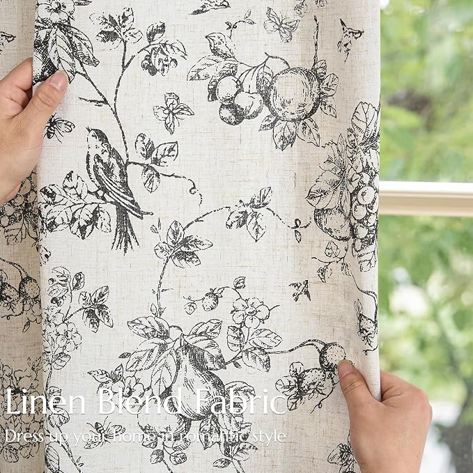 jinchan Linen Floral Curtains for Living Room 84 Inch Length Black Printed Flower Light Filtering French Country Curtain Farmhouse Cottage Core Toile Curtains Back Tab Window Drapes Set 2 Panels